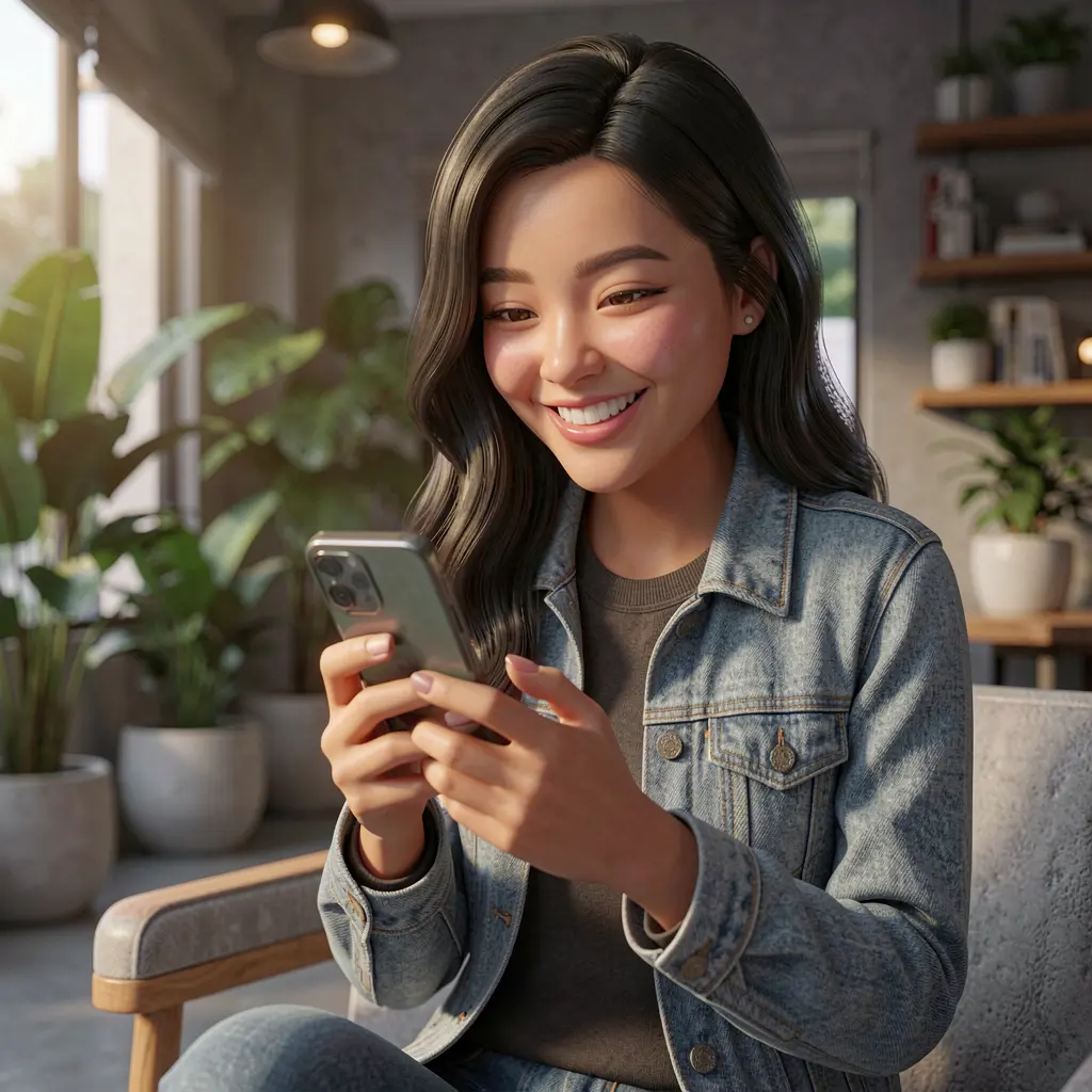 Stylish Filipino woman smiling while using the SINA666 casino app on her smartphone in a cozy modern indoor setting