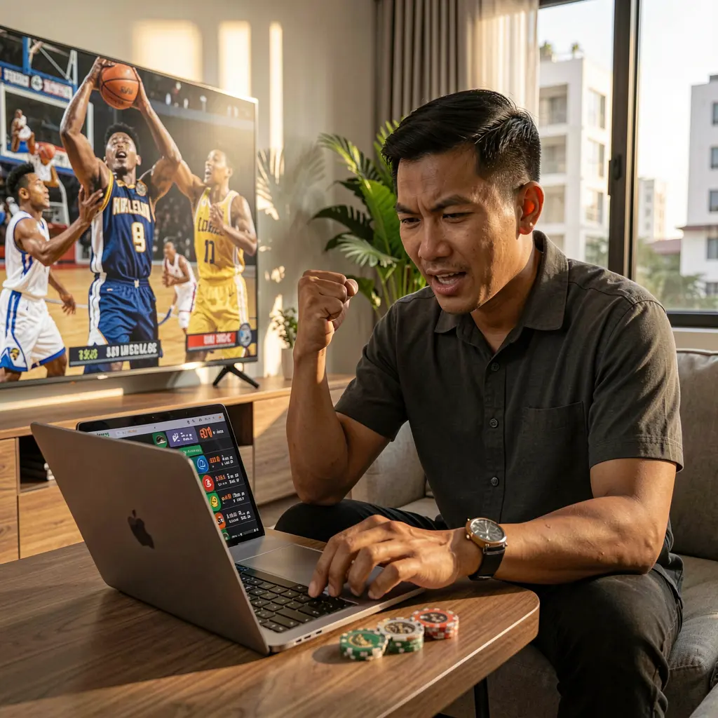 Excited Filipino bettor celebrating a winning moment while placing live sports bets on a laptop with SINA666 as a basketball game plays on TV