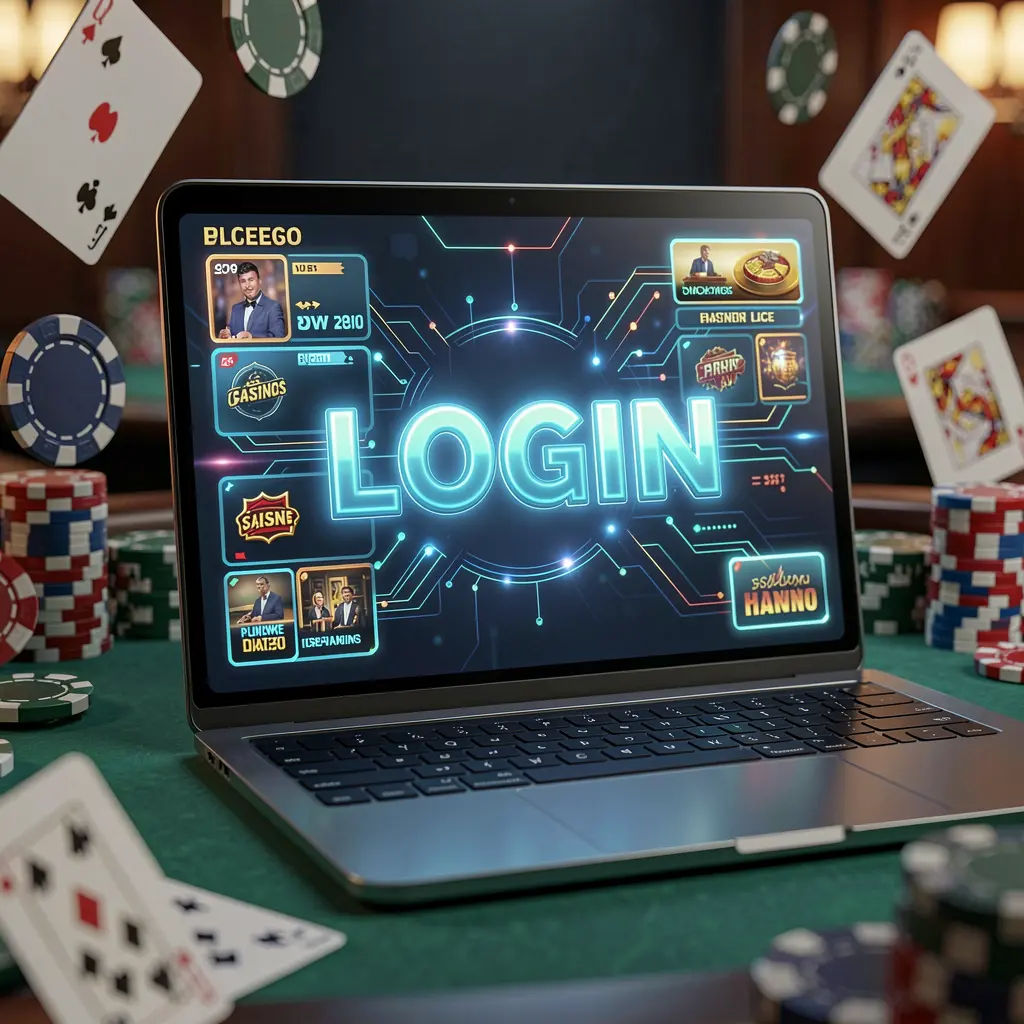 Modern laptop with a glowing login interface surrounded by blurred casino chips and cards representing secure access to SINA666 for online gaming in the Philippines