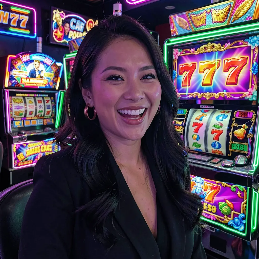 Smiling woman enjoying colorful slot machines with glowing 777 symbols in a vibrant casino atmosphere at SINA666 online casino for players in the Philippines